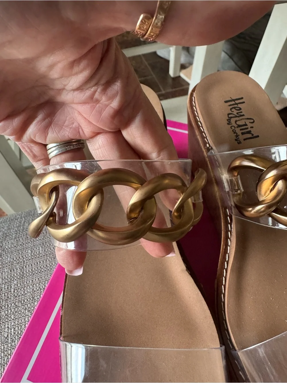 HeyGirl by Corky’s Clear Cork Wedge Sandals with Gold Chain Detail -NWT!